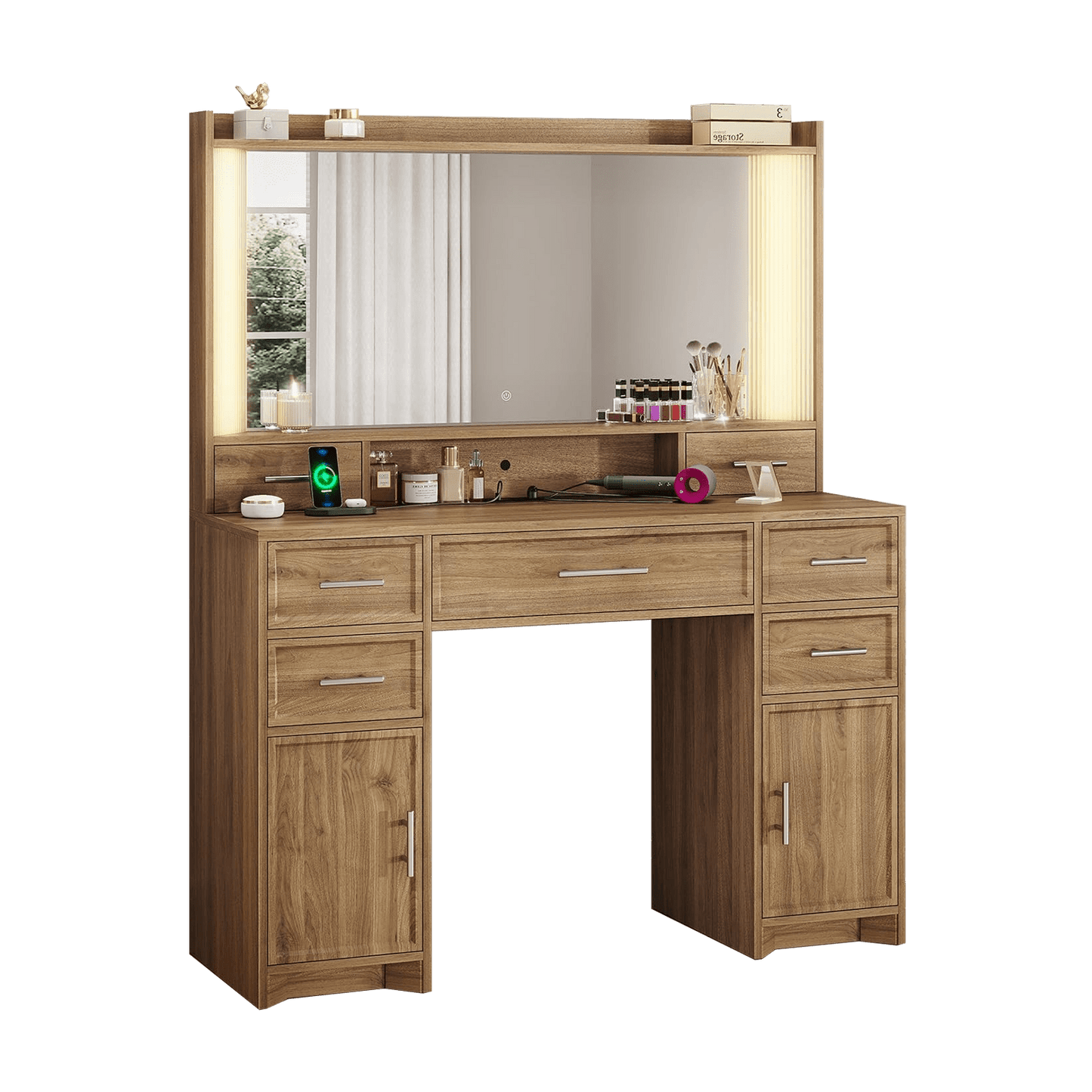 AOGLLATI Vanity Brown / Engineered Wood / Modern Vanity Desk with Light Box and Mirror