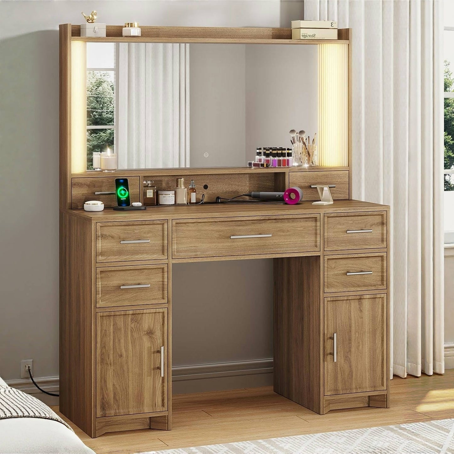 AOGLLATI Vanity Brown / Engineered Wood / Modern Vanity Desk with Light Box and Mirror
