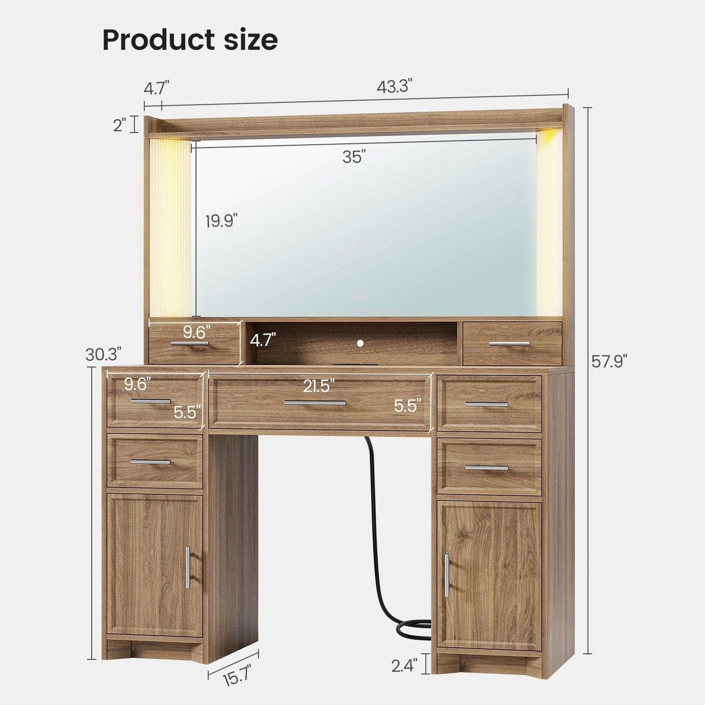 AOGLLATI Vanity Brown / Engineered Wood / Modern Vanity Desk with Light Box and Mirror