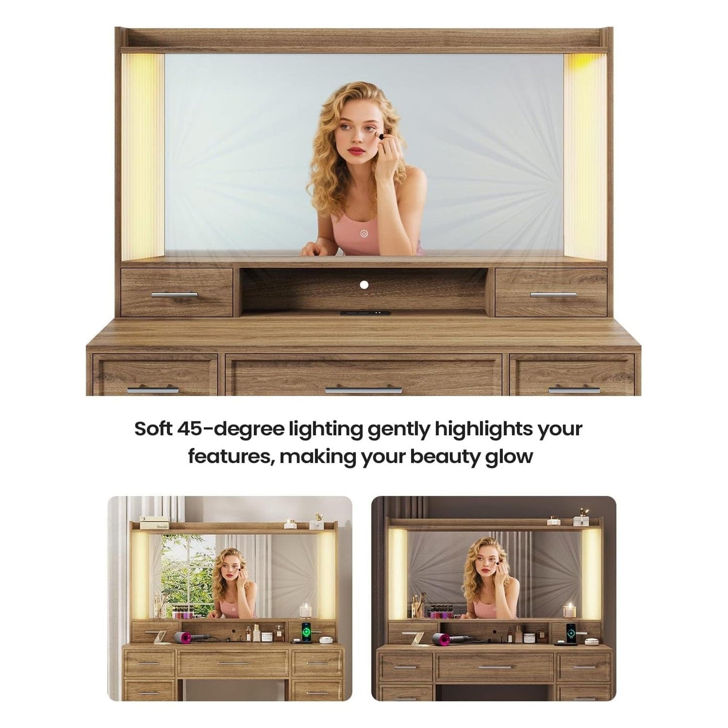 AOGLLATI Vanity Brown / Engineered Wood / Modern Vanity Desk with Light Box and Mirror