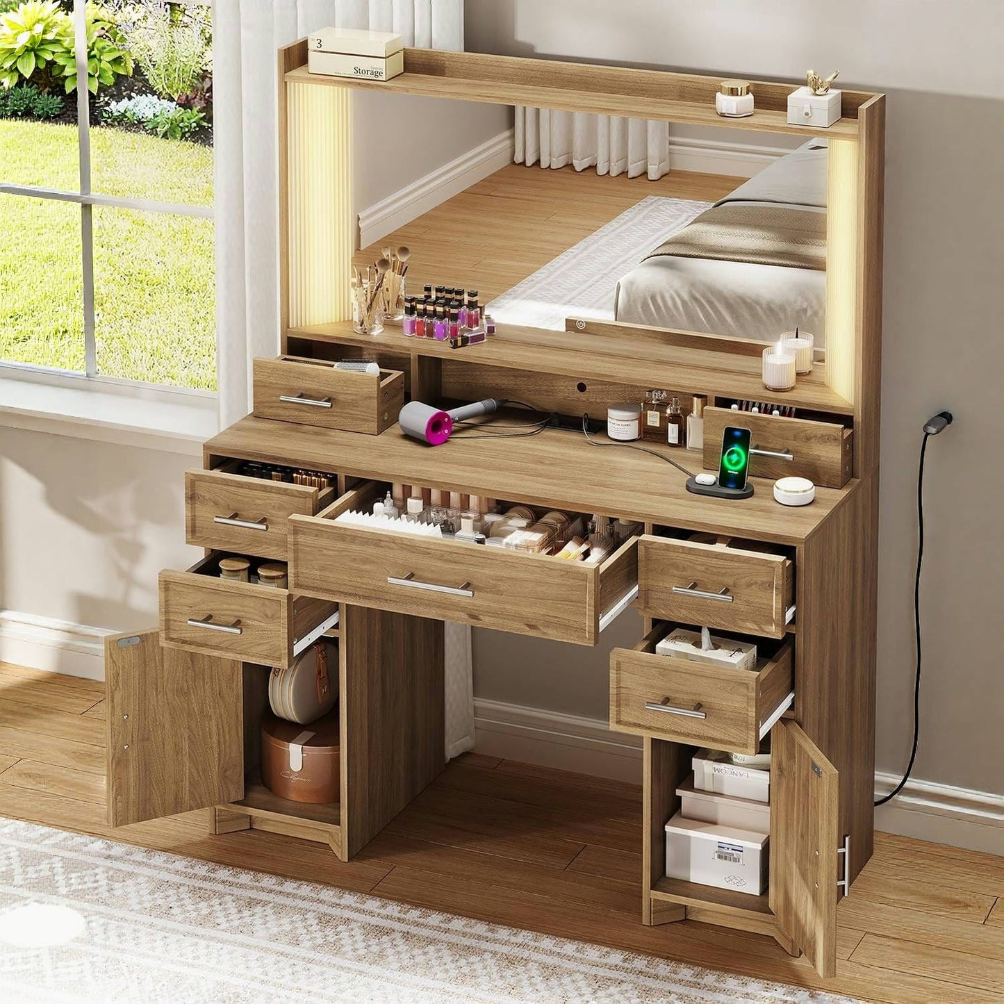 AOGLLATI Vanity Brown / Engineered Wood / Modern Vanity Desk with Light Box and Mirror