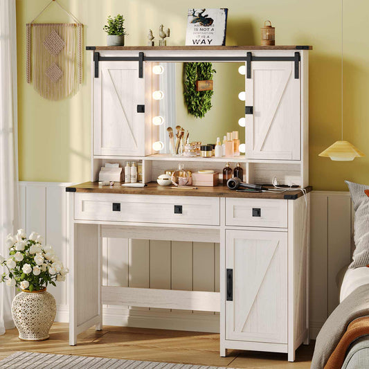 AOGLLATI Vanity White / Engineered Wood / Farmhouse AOGLLATI Makeup Vanity with Lights & Barn Doors White