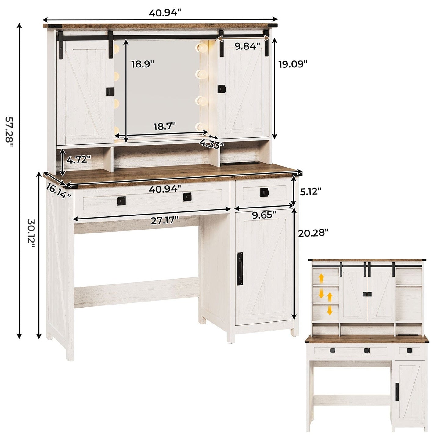 AOGLLATI Vanity White / Engineered Wood / Farmhouse AOGLLATI Makeup Vanity with Lights & Barn Doors White