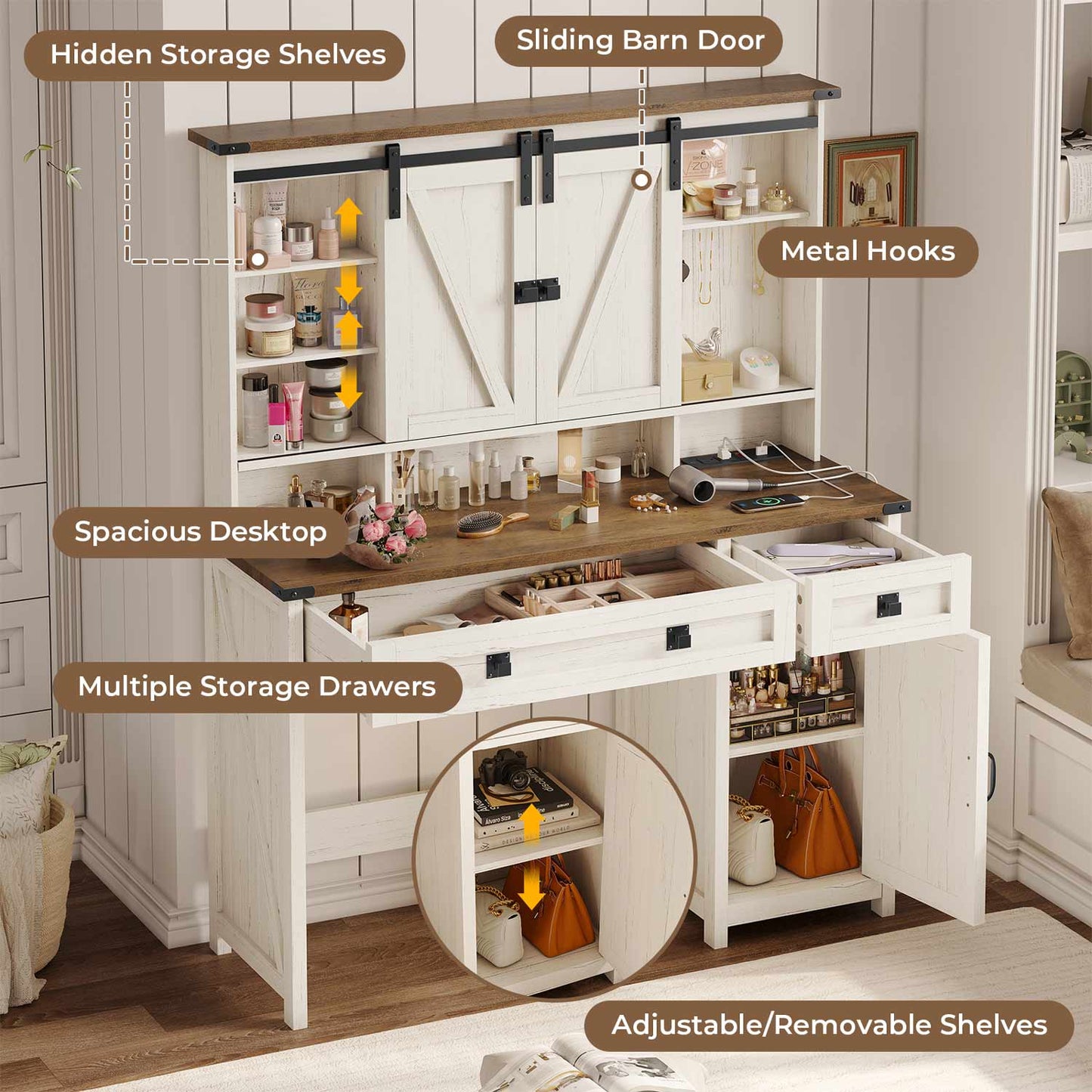 AOGLLATI Vanity White / Engineered Wood / Farmhouse AOGLLATI Makeup Vanity with Lights & Barn Doors White