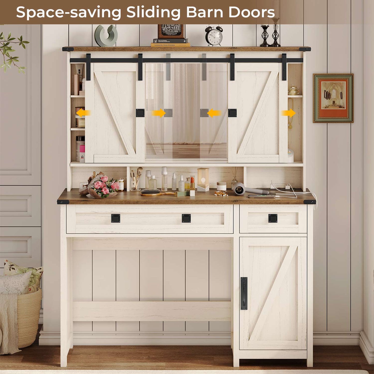 AOGLLATI Vanity White / Engineered Wood / Farmhouse AOGLLATI Makeup Vanity with Lights & Barn Doors White