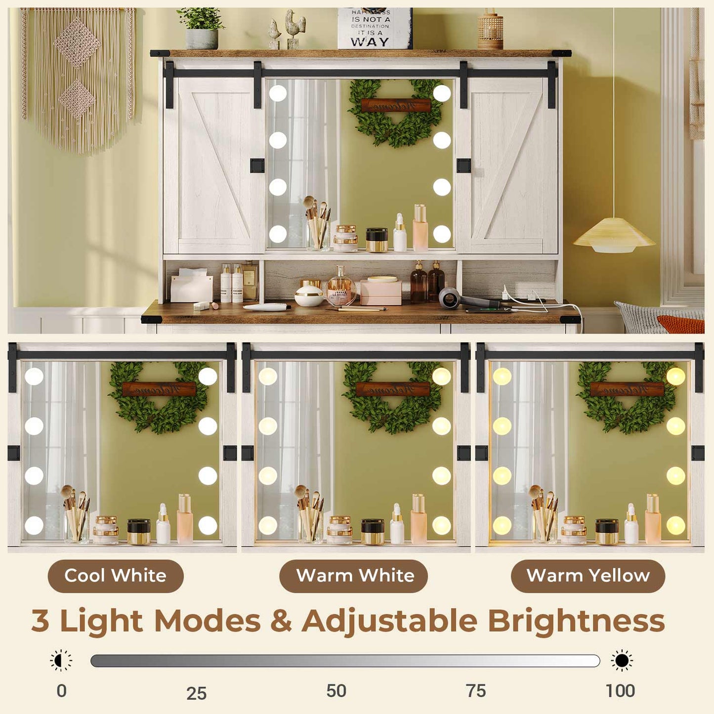 AOGLLATI Vanity White / Engineered Wood / Farmhouse AOGLLATI Makeup Vanity with Lights & Barn Doors White