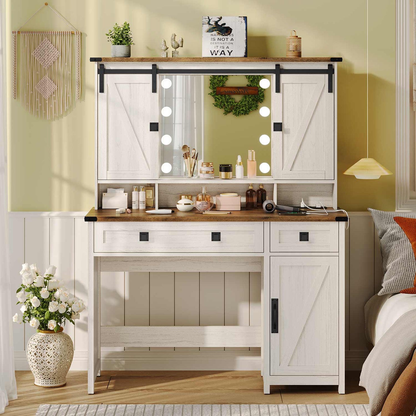 AOGLLATI Vanity White / Engineered Wood / Farmhouse AOGLLATI Makeup Vanity with Lights & Barn Doors White