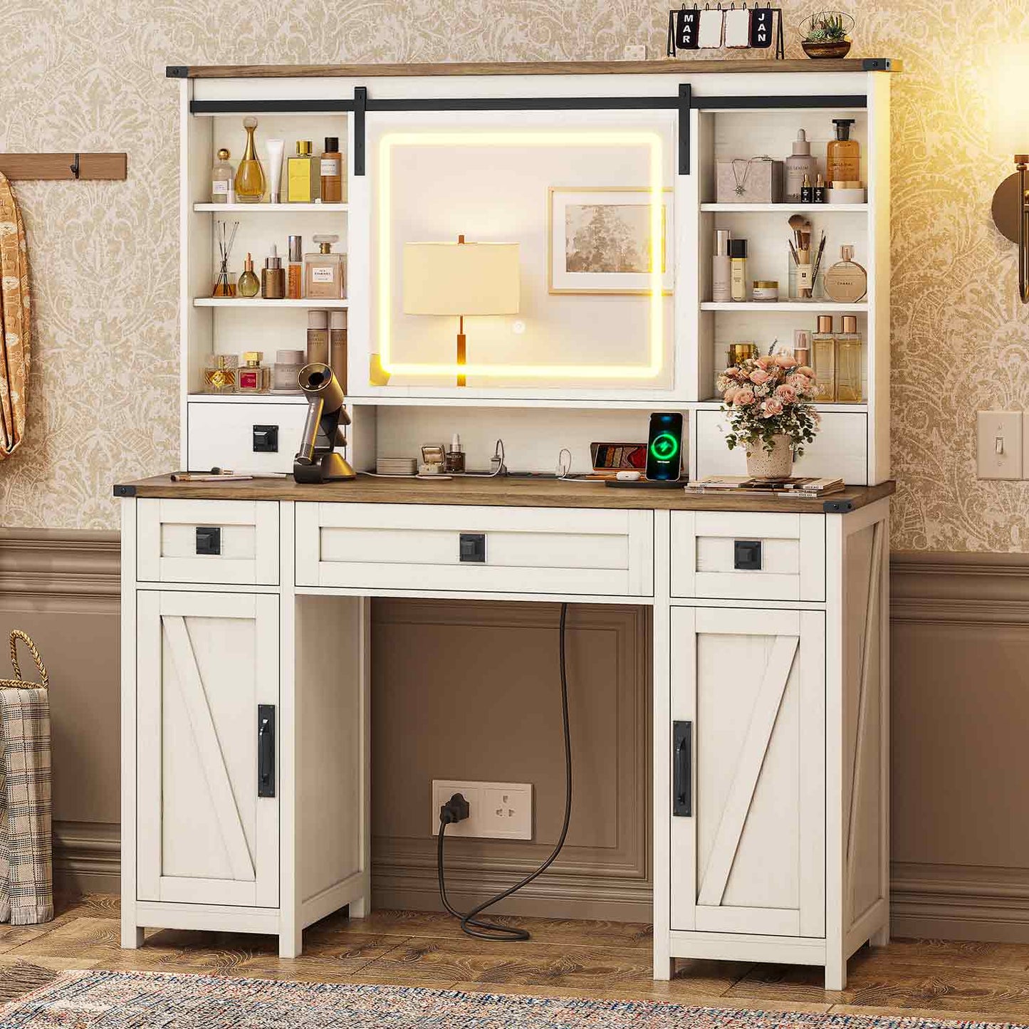 AOGLLATI Vanity White / Engineered Wood / Modern AOGLALTI Farmhouse Makeup Vanity with Lights & Charging Station White
