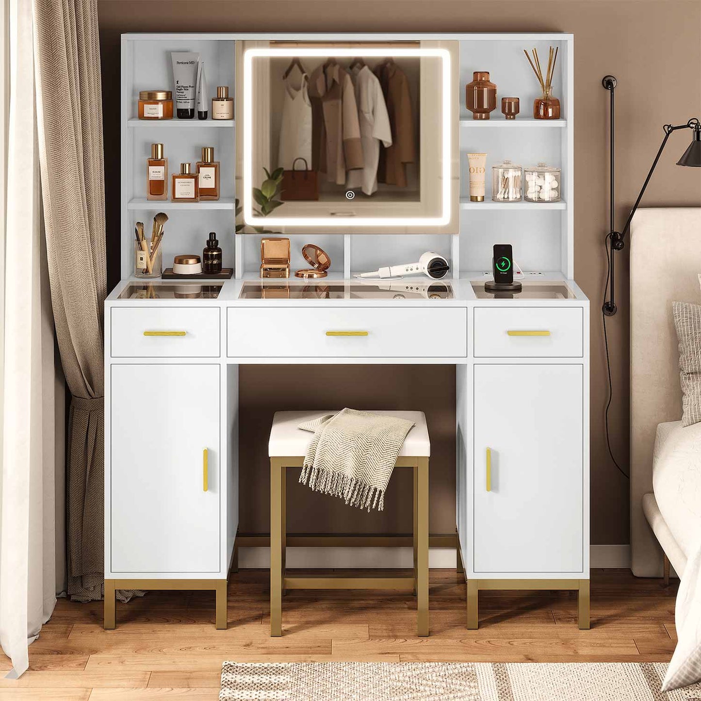 AOGLLATI Vanity White / Engineered Wood / Modern AOGLLATI Makeup Vanity Set Glass Top with Lights White