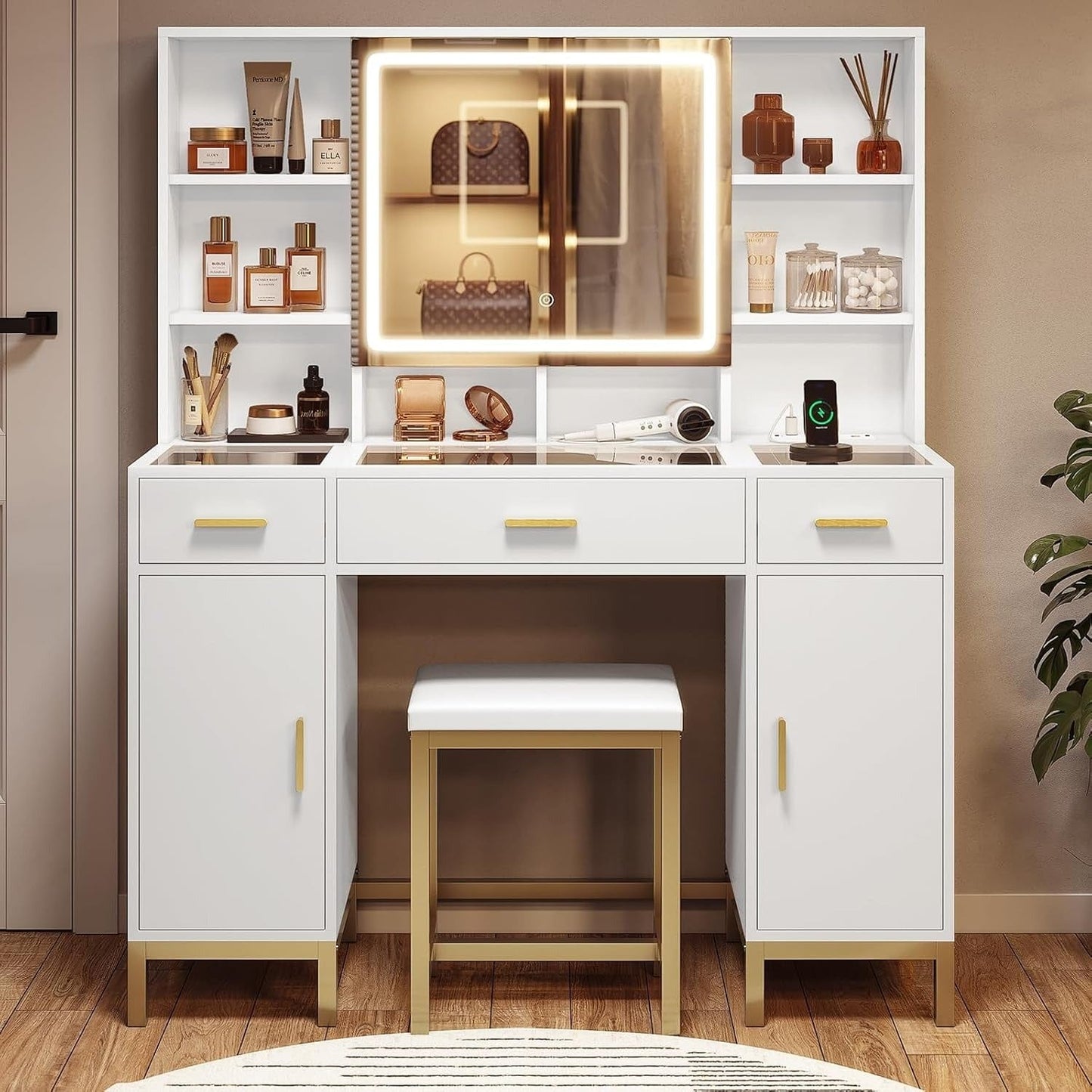 AOGLLATI Vanity White / Engineered Wood / Modern AOGLLATI Makeup Vanity Set Glass Top with Lights White
