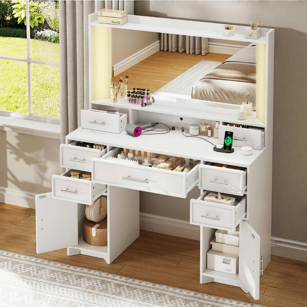 AOGLLATI Vanity White / Engineered Wood / Modern Vanity Desk with Mirror and Lights