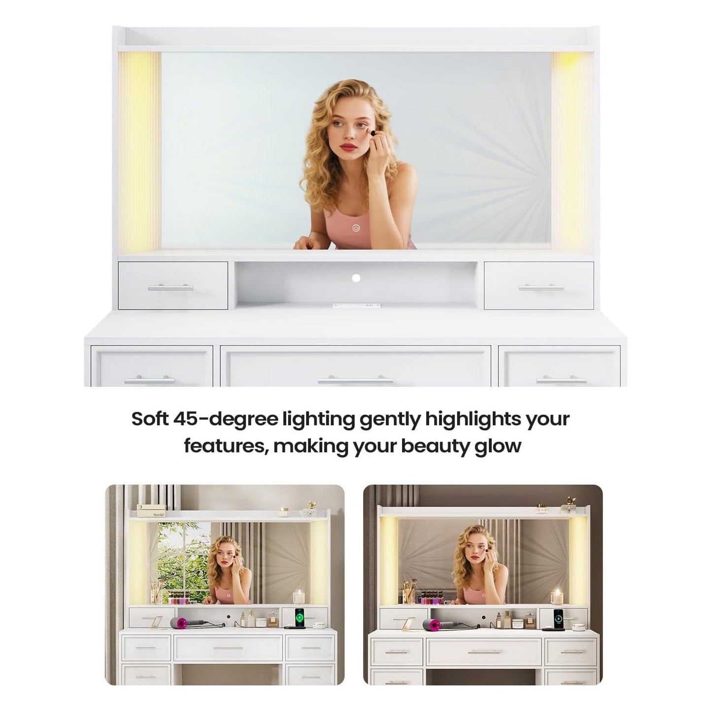AOGLLATI Vanity White / Engineered Wood / Modern Vanity Desk with Mirror and Lights
