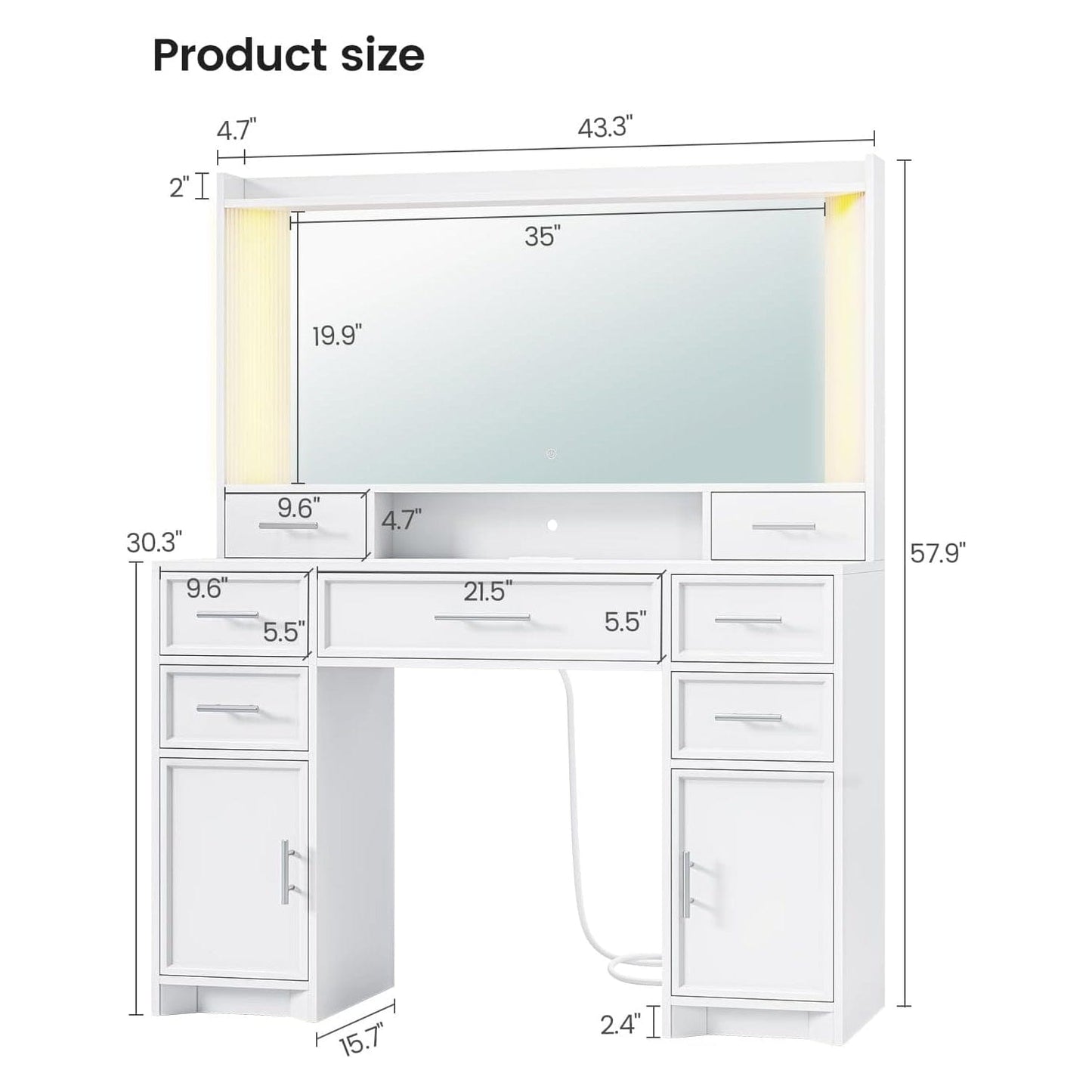 AOGLLATI Vanity White / Engineered Wood / Modern Vanity Desk with Mirror and Lights