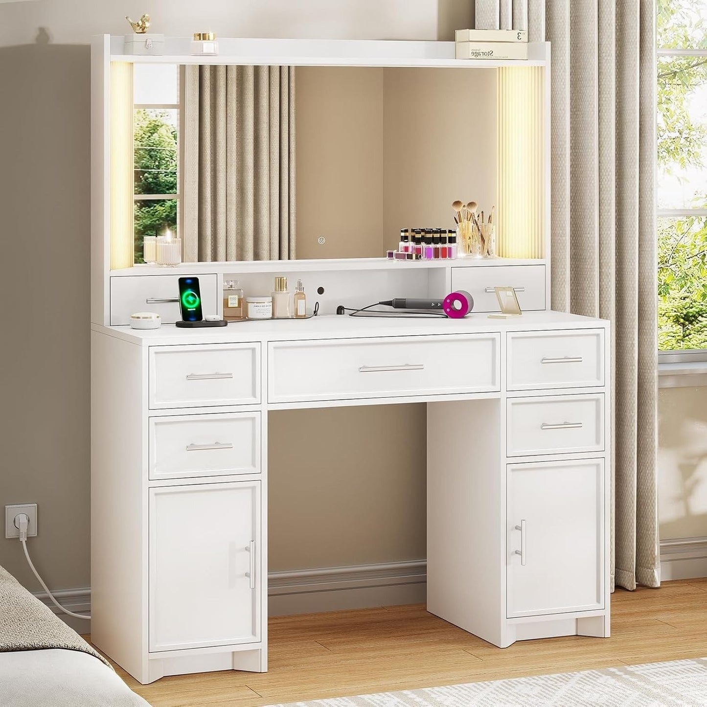 AOGLLATI Vanity White / Engineered Wood / Modern Vanity Desk with Mirror and Lights