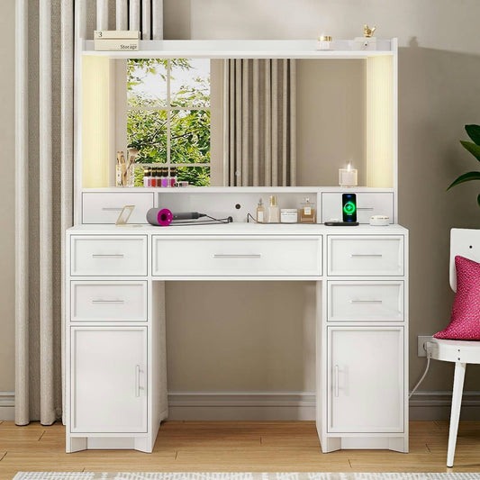 AOGLLATI Vanity White / Engineered Wood / Modern Vanity Desk with Mirror and Lights
