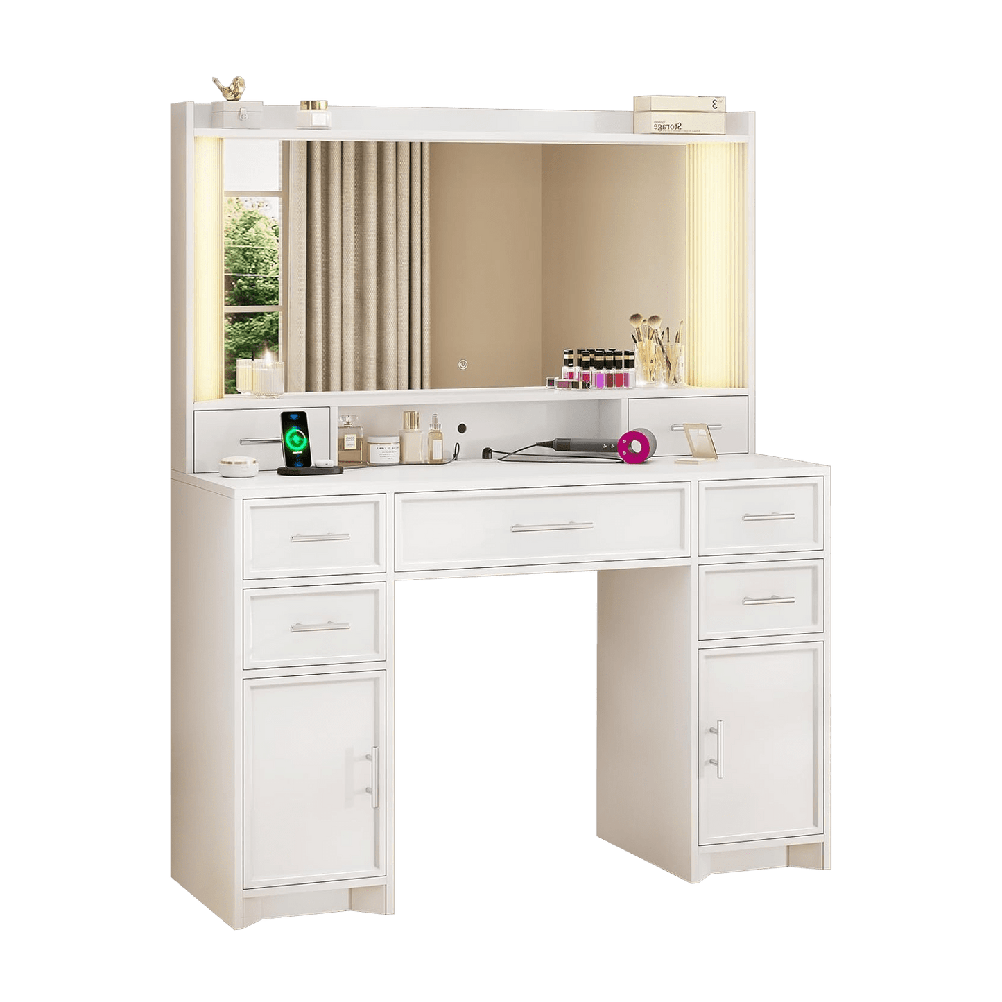 AOGLLATI Vanity White / Engineered Wood / Modern Vanity Desk with Mirror and Lights