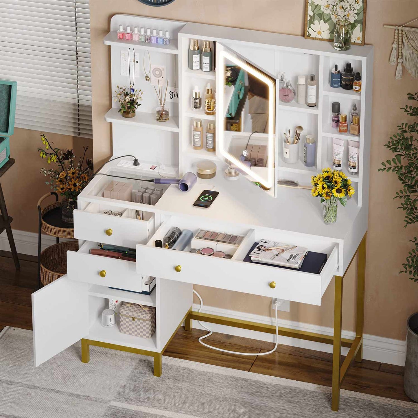 AOGLLATI Vanity White / Glass / Modern AOGLLATI Makeup Vanity with Visible Drawers White