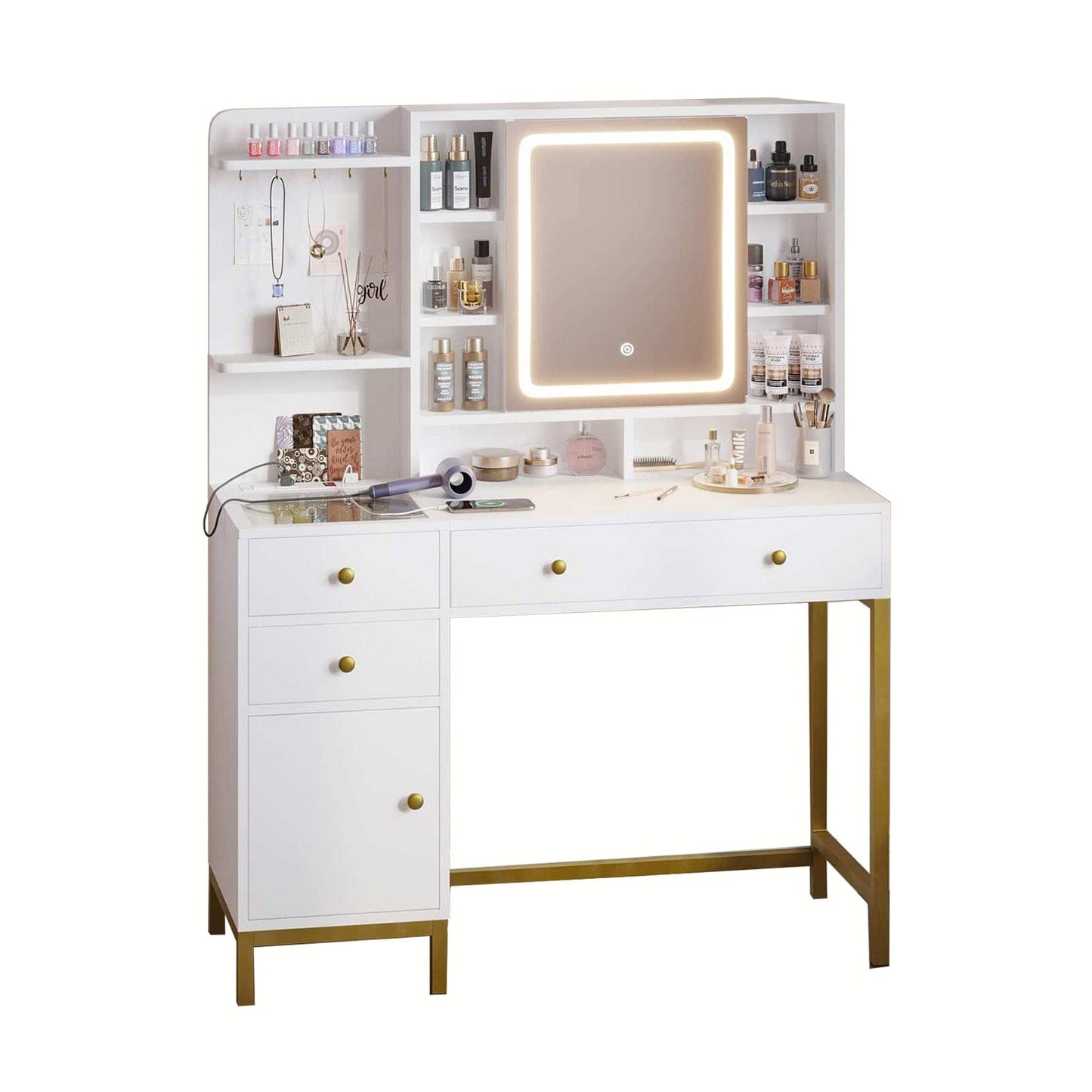 AOGLLATI Vanity White / Glass / Modern Vanity with Visible Drawers White