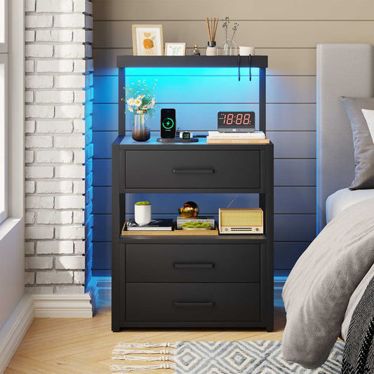 AOGLLATI Nightstand with Charging Station and LED Lights Modern End Table with 3 Drawers Bedside Table