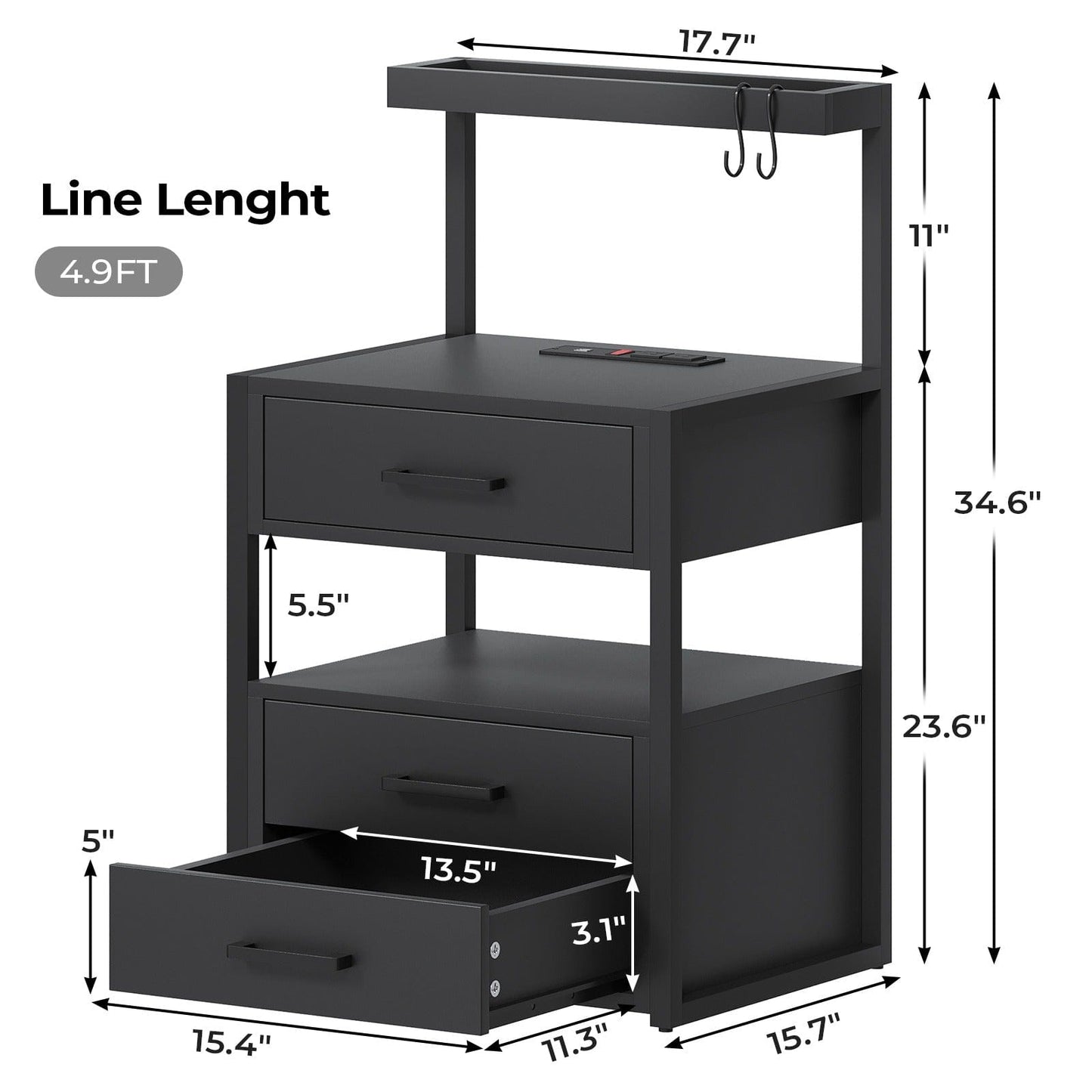 AOGLLATI Nightstand with Charging Station and LED Lights Modern End Table with 3 Drawers Bedside Table