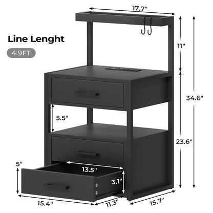 AOGLLATI Nightstand with Charging Station and LED Lights Modern End Table with 3 Drawers Bedside Table