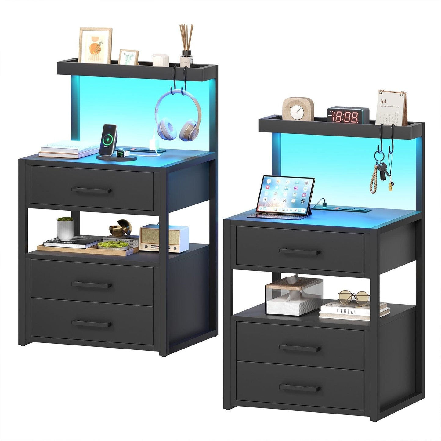 AOGLLATI Nightstand with Charging Station and LED Lights Modern End Table with 3 Drawers Bedside Table