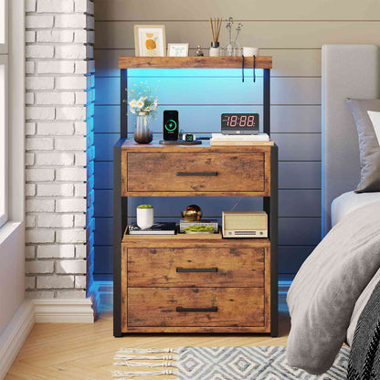 AOGLLATI Nightstand with Charging Station and LED Lights Modern End Table with 3 Drawers Bedside Table