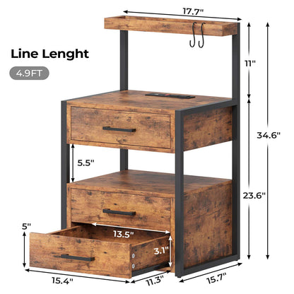 AOGLLATI Nightstand with Charging Station and LED Lights Modern End Table with 3 Drawers Bedside Table