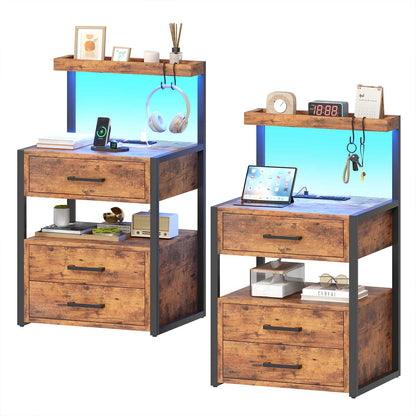AOGLLATI Nightstand with Charging Station and LED Lights Modern End Table with 3 Drawers Bedside Table