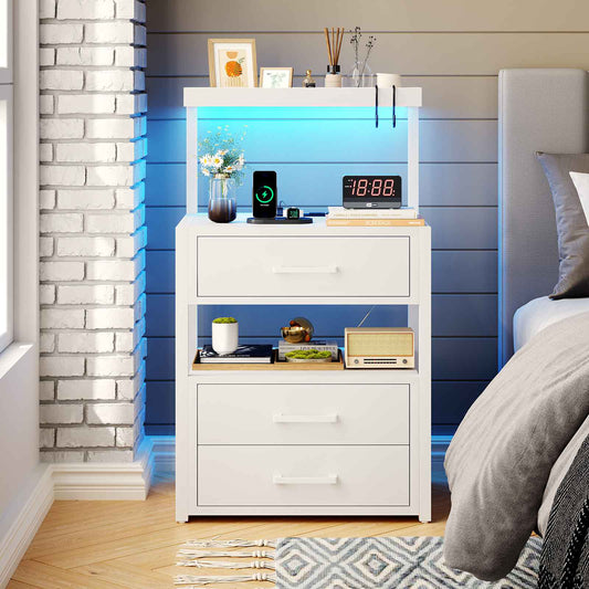 AOGLLATI Nightstand with Charging Station and LED Lights Modern End Table with 3 Drawers Bedside Table