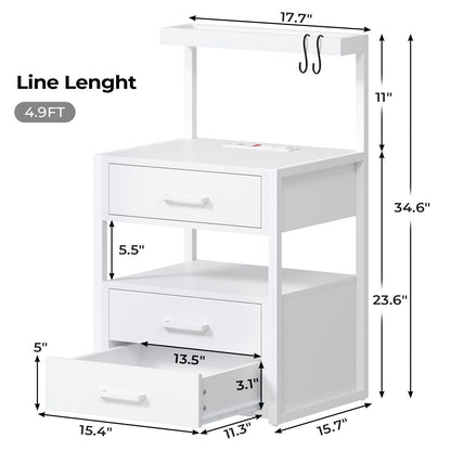 AOGLLATI Nightstand with Charging Station and LED Lights Modern End Table with 3 Drawers Bedside Table