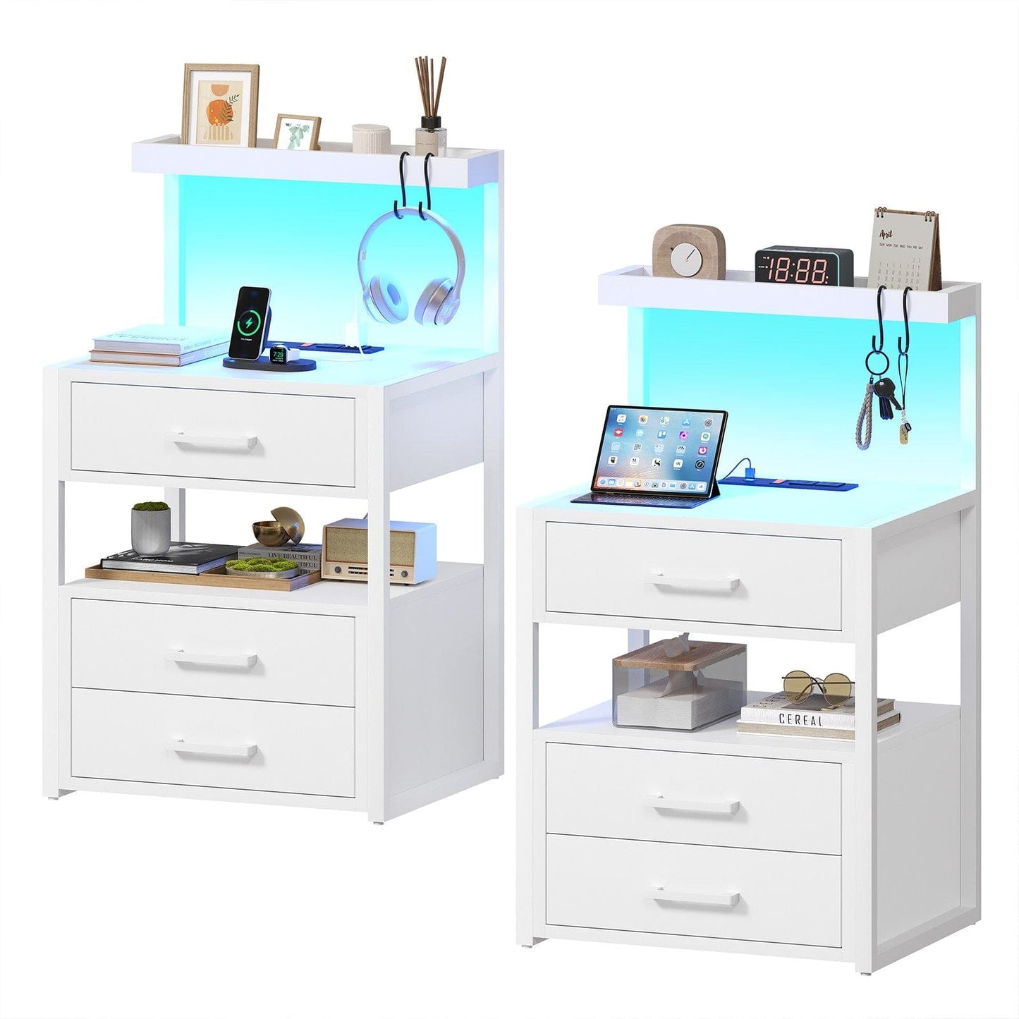 AOGLLATI Nightstand with Charging Station and LED Lights Modern End Table with 3 Drawers Bedside Table