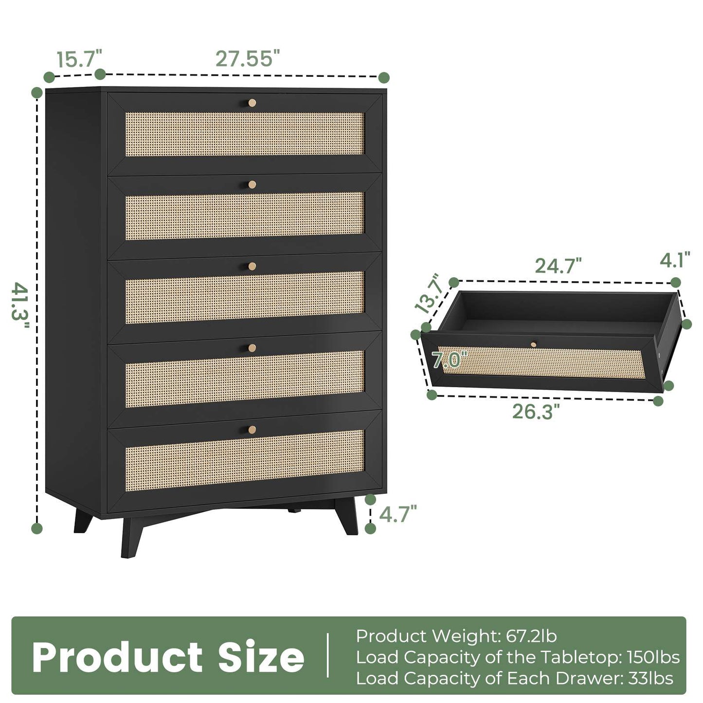 AOGLLATI Dresser with 5 Drawers Chests of Drawers with Natural Rattan Wooden Tall Dressers for Bedroom Hallway Entryway