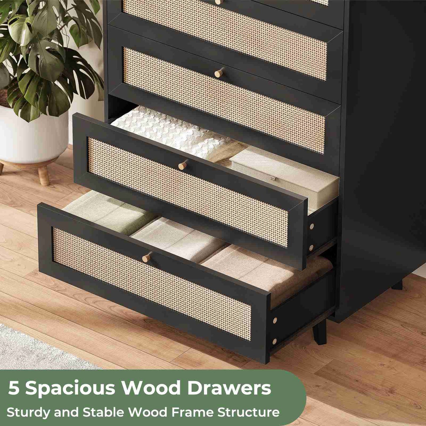 AOGLLATI Dresser with 5 Drawers Chests of Drawers with Natural Rattan Wooden Tall Dressers for Bedroom Hallway Entryway