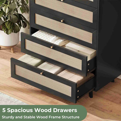 AOGLLATI Dresser with 5 Drawers Chests of Drawers with Natural Rattan Wooden Tall Dressers for Bedroom Hallway Entryway