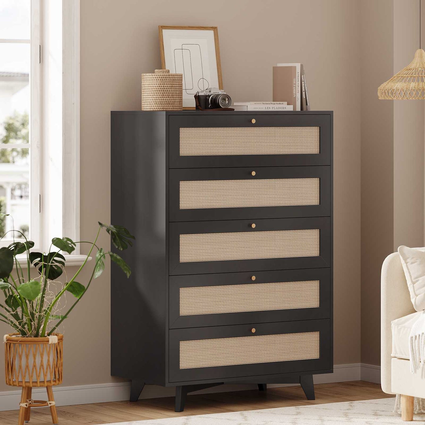 AOGLLATI Dresser with 5 Drawers Chests of Drawers with Natural Rattan Wooden Tall Dressers for Bedroom Hallway Entryway