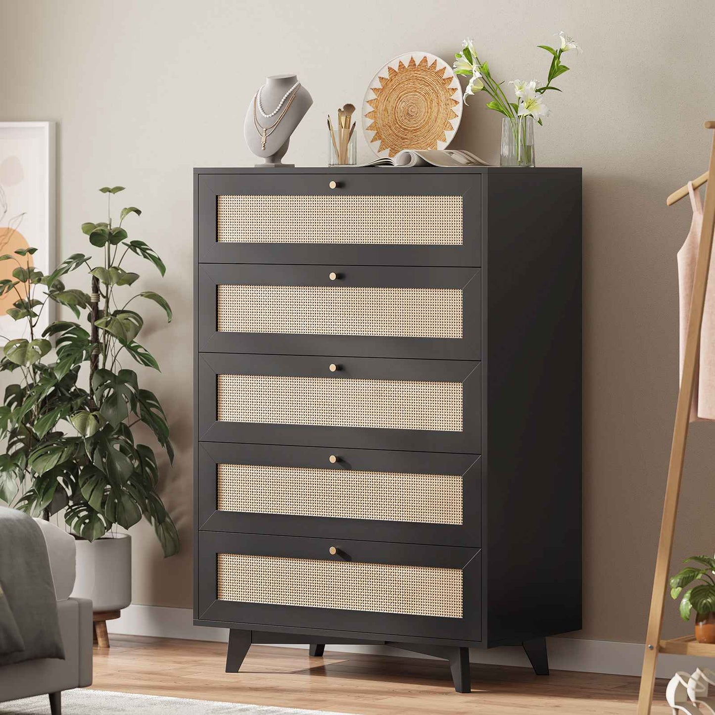 AOGLLATI Dresser with 5 Drawers Chests of Drawers with Natural Rattan Wooden Tall Dressers for Bedroom Hallway Entryway