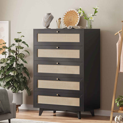 AOGLLATI Dresser with 5 Drawers Chests of Drawers with Natural Rattan Wooden Tall Dressers for Bedroom Hallway Entryway