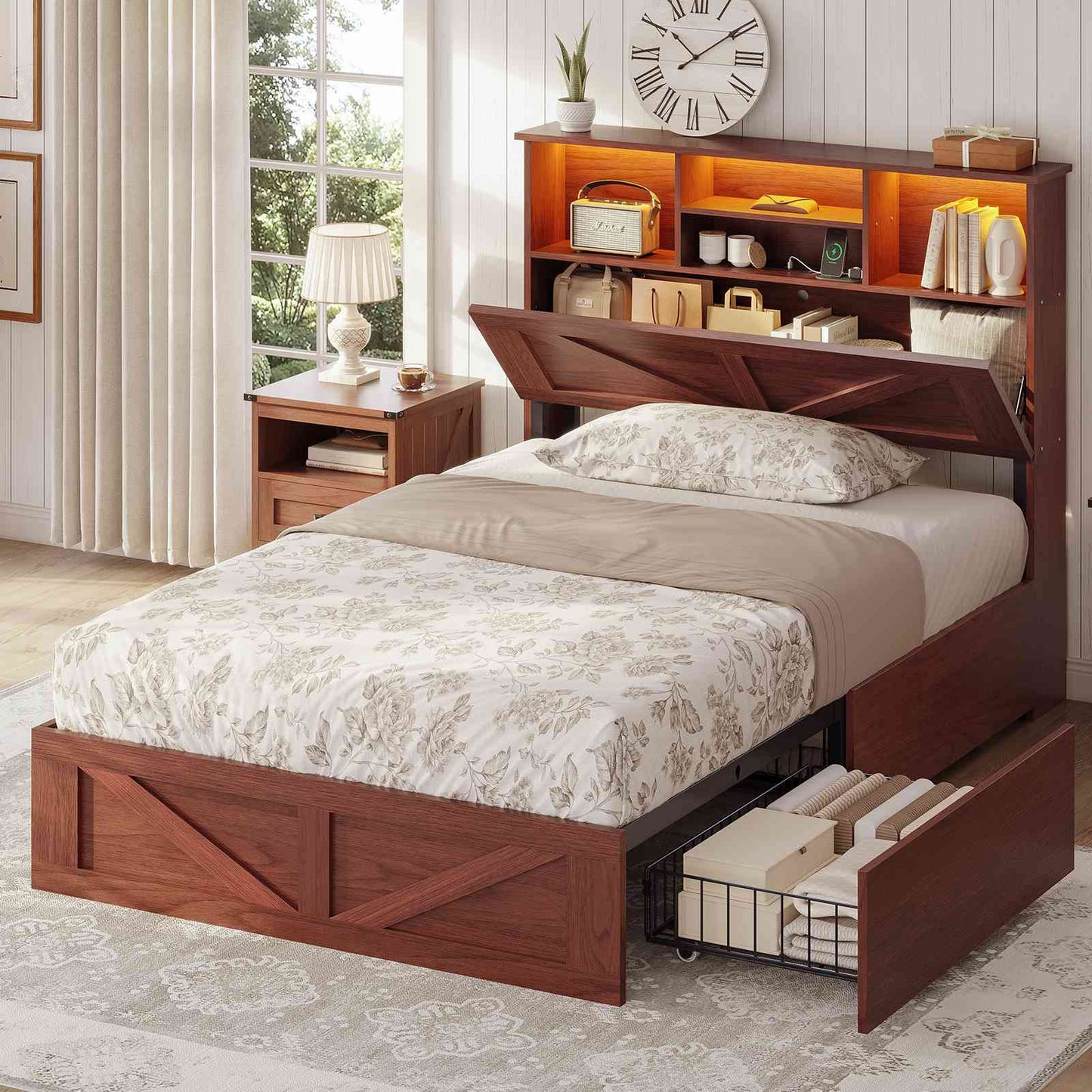 AOGLLATI Bed Frame with 4 Storage Drawers and Charging Station Farmhouse Wooden Led Twin Bed with Storage and Metal Slats