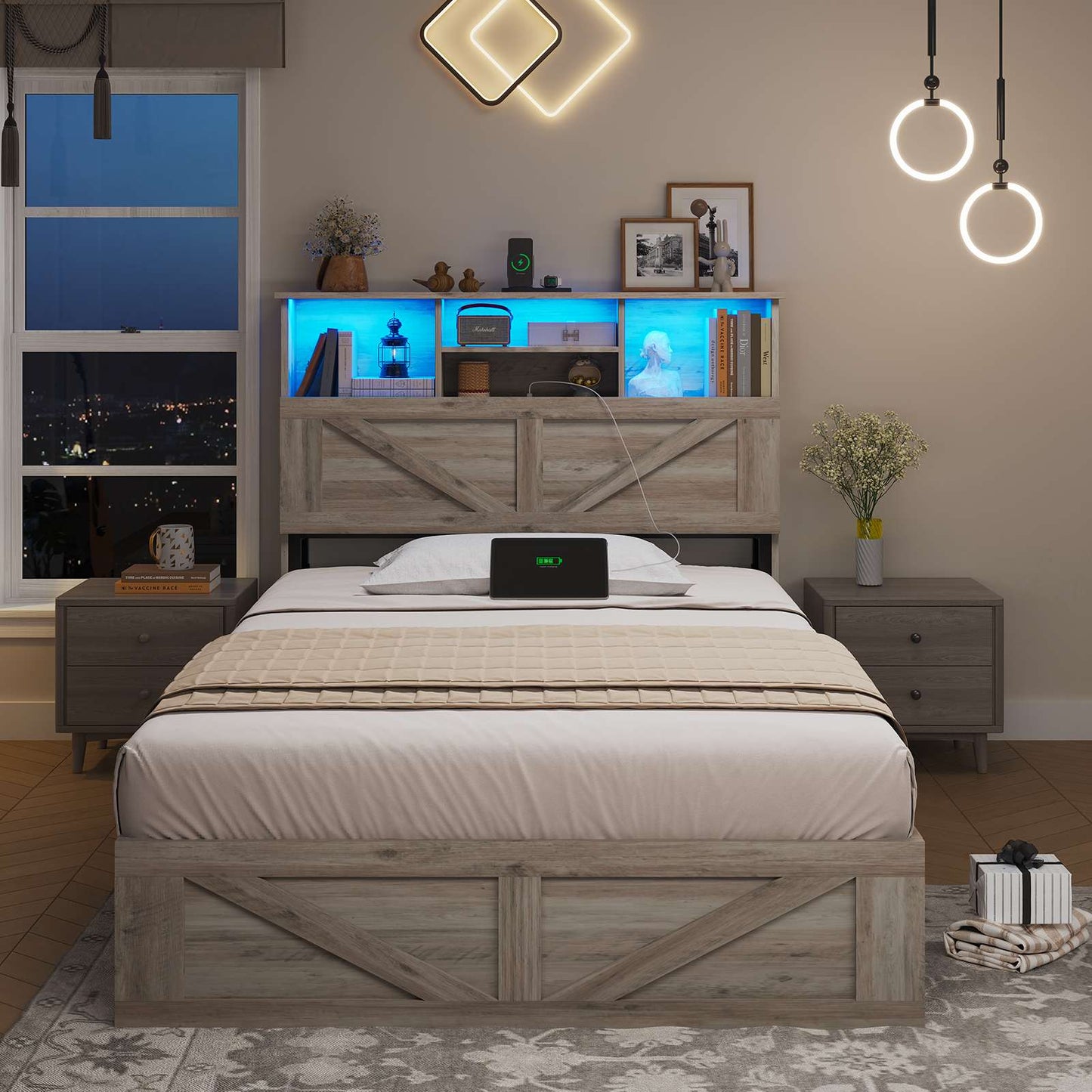 AOGLLATI Bed Frame with 4 Storage Drawers and Charging Station Farmhouse Wooden Led Twin Bed with Storage and Metal Slats