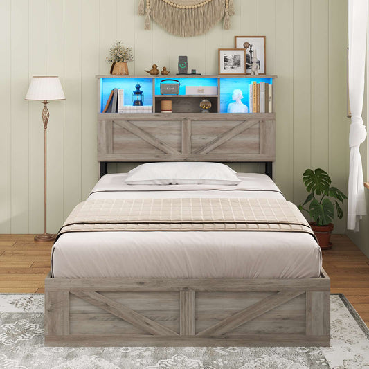 AOGLLATI Bed Frame with 4 Storage Drawers and Charging Station Farmhouse Wooden Led Twin Bed with Storage and Metal Slats