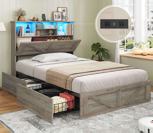 AOGLLATI Bed Frame with 4 Storage Drawers and Charging Station Farmhouse Wooden Led Twin Bed with Storage and Metal Slats
