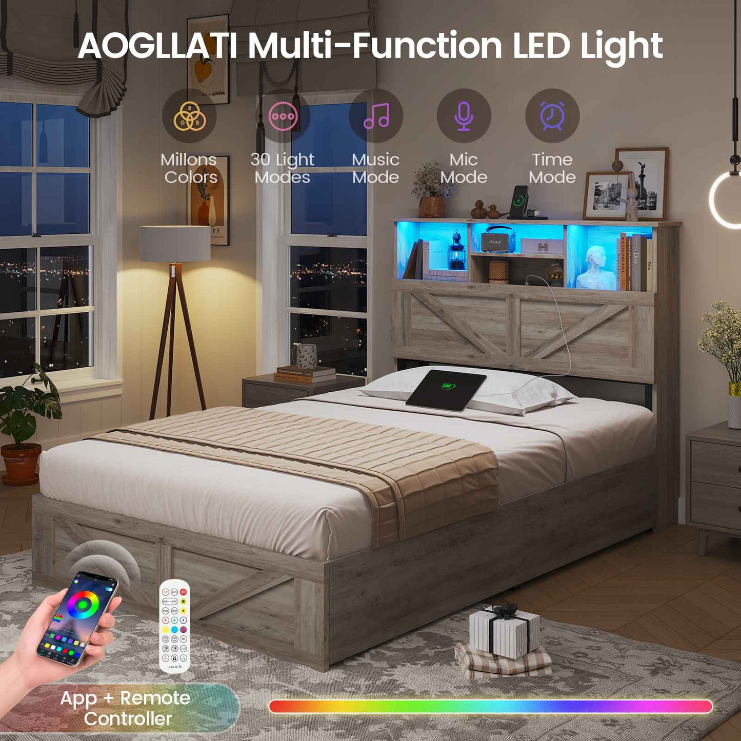AOGLLATI Bed Frame with 4 Storage Drawers and Charging Station Farmhouse Wooden Led Twin Bed with Storage and Metal Slats