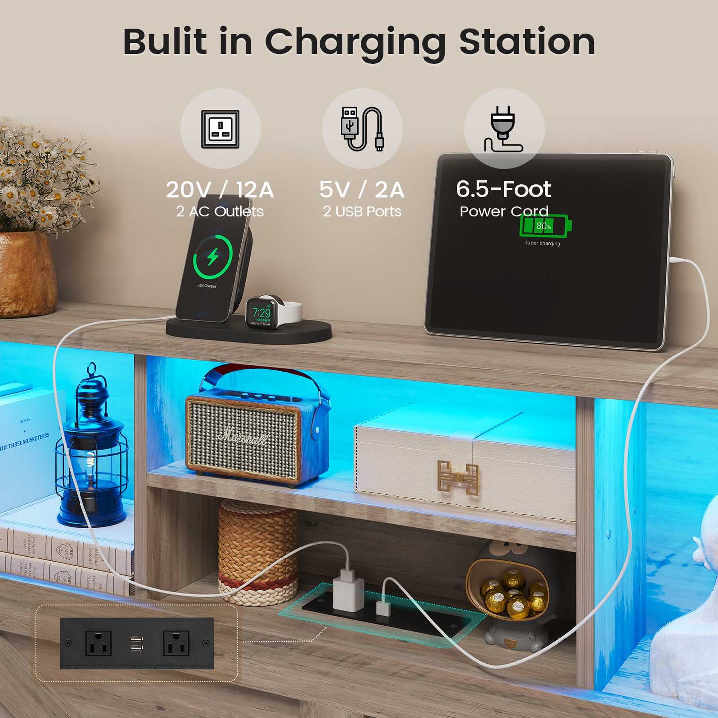 AOGLLATI Bed Frame with 4 Storage Drawers and Charging Station Farmhouse Wooden Led Twin Bed with Storage and Metal Slats