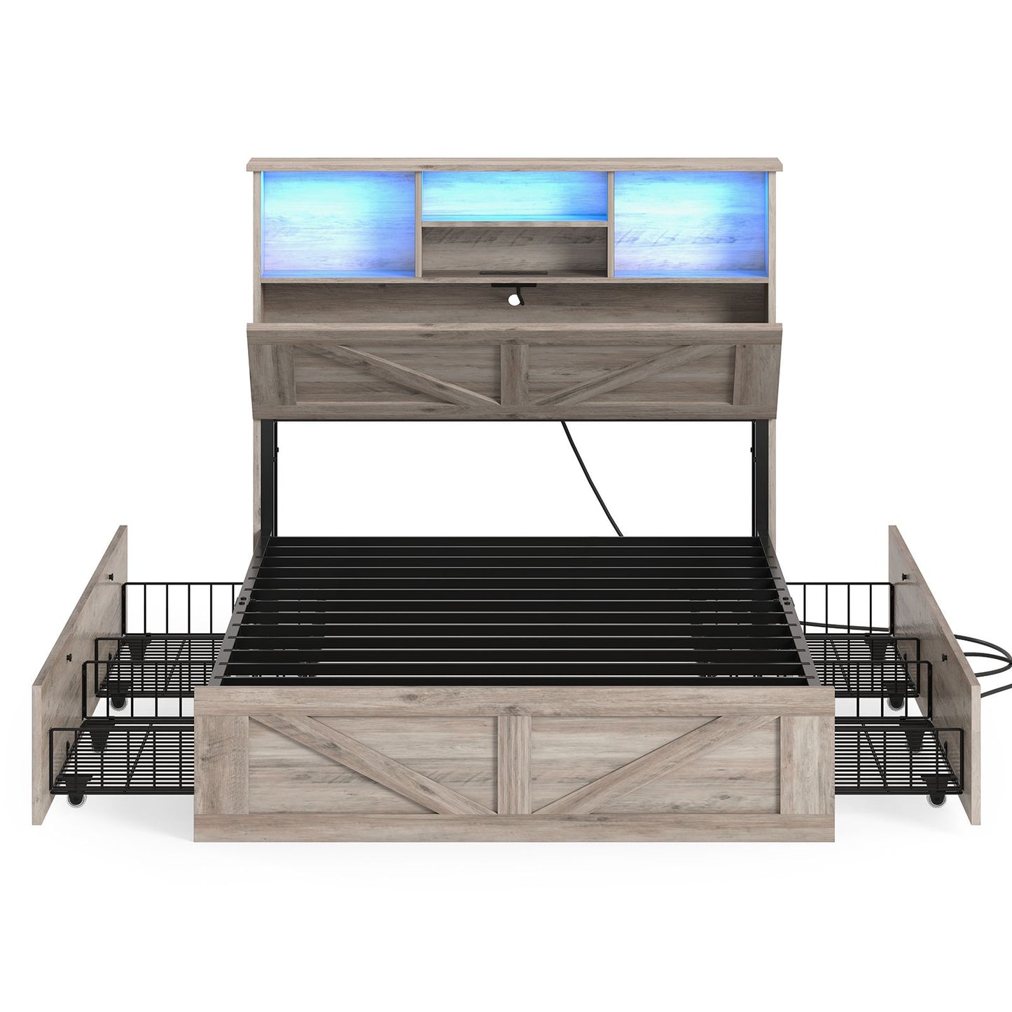 AOGLLATI Bed Frame with 4 Storage Drawers and Charging Station Farmhouse Wooden Led Twin Bed with Storage and Metal Slats