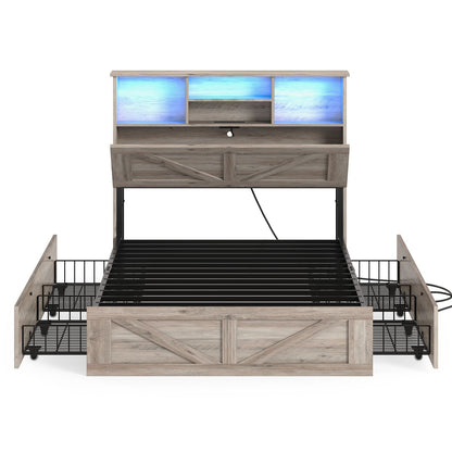 AOGLLATI Bed Frame with 4 Storage Drawers and Charging Station Farmhouse Wooden Led Twin Bed with Storage and Metal Slats