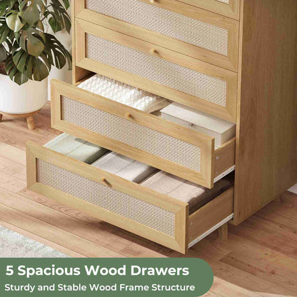 AOGLLATI Dresser with 5 Drawers Chests of Drawers with Natural Rattan Wooden Tall Dressers for Bedroom Hallway Entryway