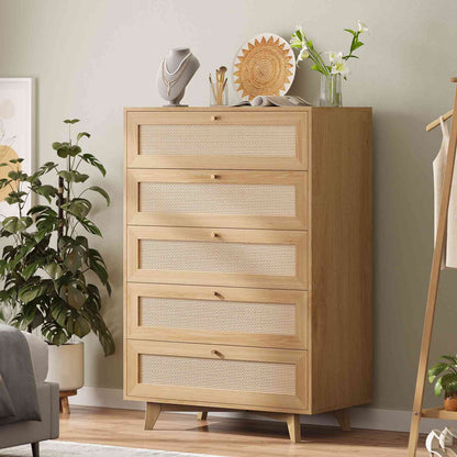 AOGLLATI Dresser with 5 Drawers Chests of Drawers with Natural Rattan Wooden Tall Dressers for Bedroom Hallway Entryway