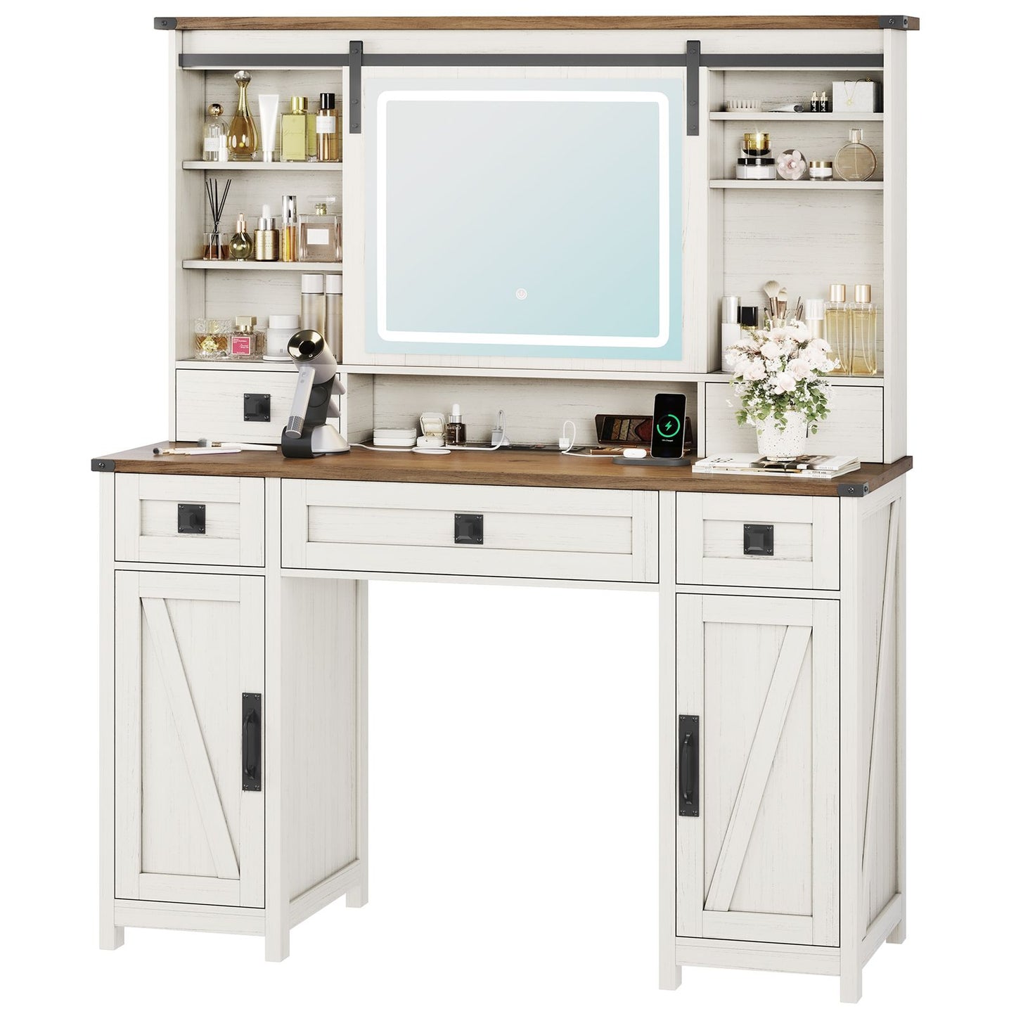 AOGLLATI 47.2 Inch Farmhouse Makeup Vanity Desk with Lights & Charging Station Vanity Desk with Sliding Mirror and Storage Space