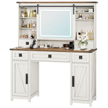 AOGLLATI 47.2 Inch Farmhouse Makeup Vanity Desk with Lights & Charging Station Vanity Desk with Sliding Mirror and Storage Space